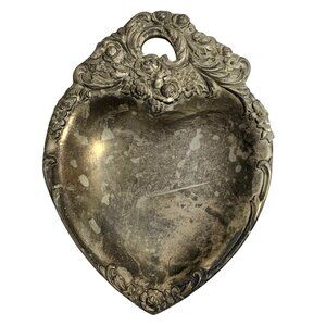 Ornate Heart-Shaped Silver-Tone Floral Trim Metal Trinket Dish Wall Decor VTG